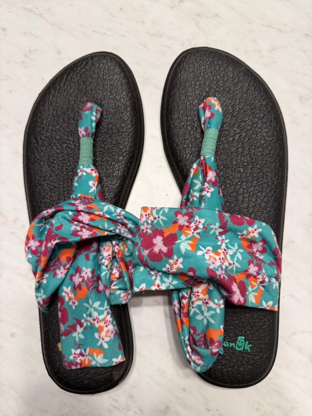 Sanuk Teal Floral Twist-Knot Sandals with Magenta and Orange Accents